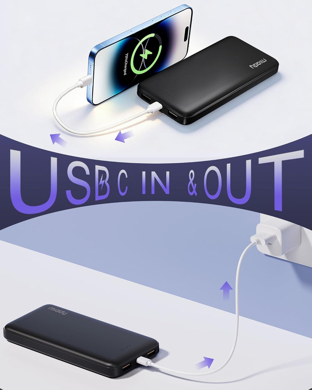 batería de viaje delgada de 10000 mAh | Dual USB丨3 Outputs 2 Inputs