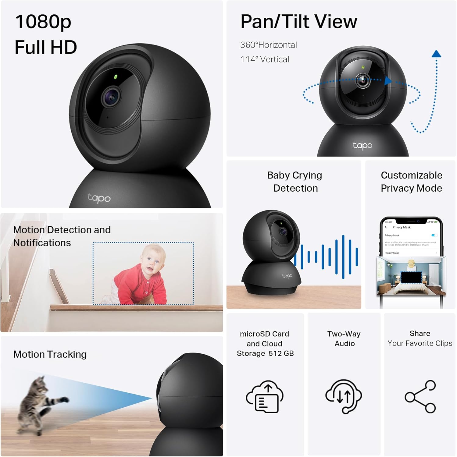 Cámara de Vigilancia Wi-Fi HD de 360 Grados con IA y Detección de Llanto de Bebé