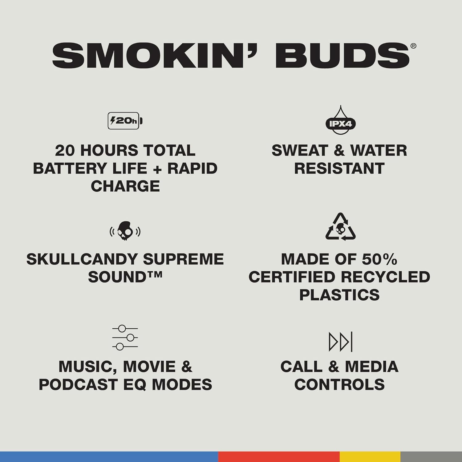 Skullcandy Smokin' Buds - Auriculares inalámbricos, auriculares Bluetooth, ajuste de aislamiento de ruido, batería de hasta 20 horas, IPX4 resistente al sudor y al agua